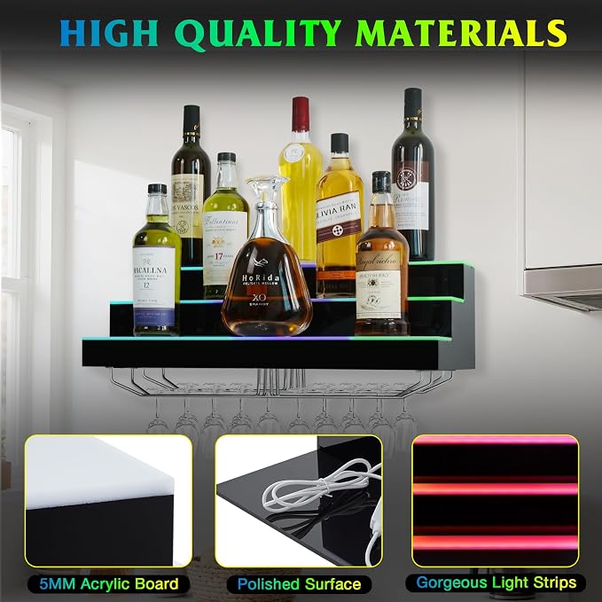 LED Lighted Liquor Bottle Display Shelf Wall Mount Wine Rack, 3 Tiers 24 Inch - Image 3
