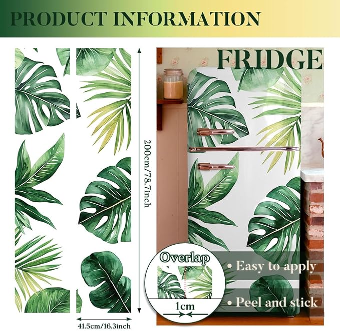 2 Pcs Tropical Leaves Pattern Removable Refrigerator Wraps, Self-Adhesive - Image 2