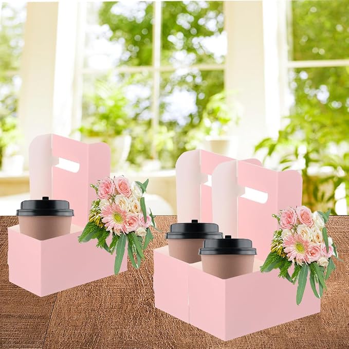 Cunguv Drink Carrier with Handle Cup Coffee Holder Sturdy Beverage Carriers Pink - Image 2