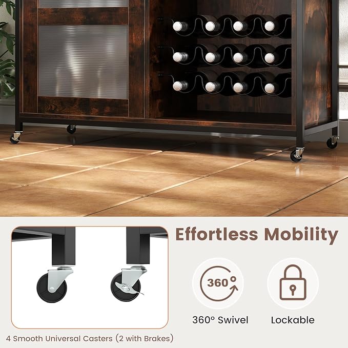 GOFLAME Wine Bar Cabinet with Wheels and LED Lights, Industrial Coffee Bar - Image 7