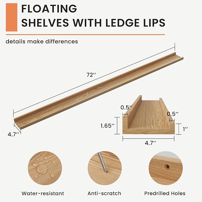 Acovy Picture Ledge Shelf, 72 inch Solid Ash Wood Floating Shelves Set of 2 - Image 3