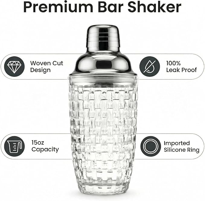 15oz Woven Embossed Glass Cocktail Shaker | Leakproof, Stainless Lid, Upgrated - Image 2