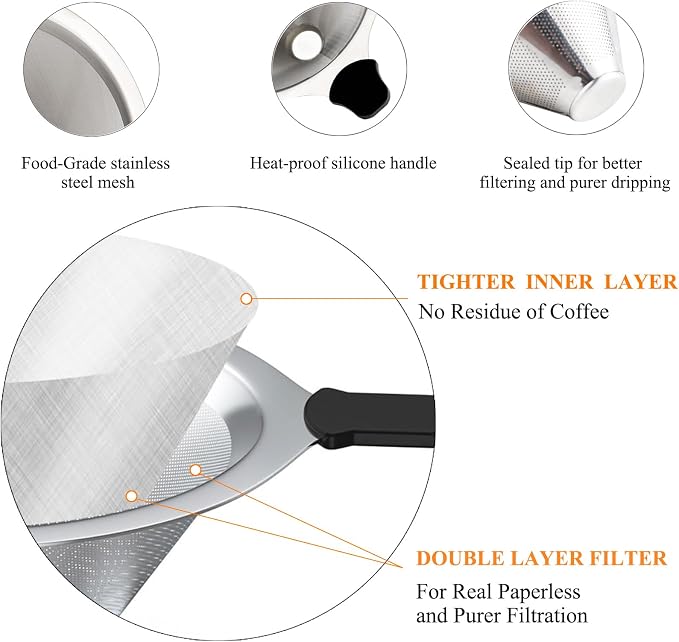 Pour Over Coffee Filter 2PCS, Stainless Steel Coffee Filter, Paperless Reusable - Image 2
