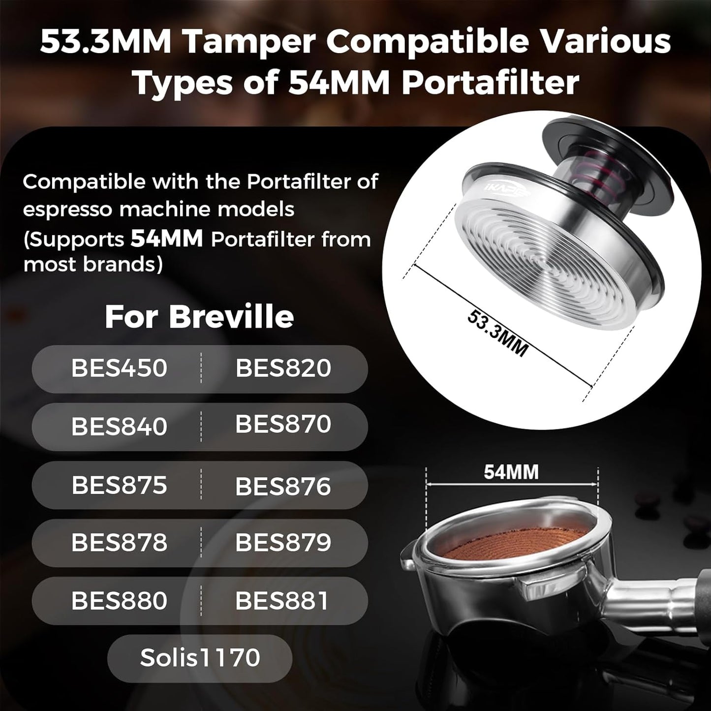 IKAPE 53.3MM Semi-Transparent Coffee Tamper for Espresso, Spring Calibrated with Flat Premium Stainless Steel Base, Suitable for 54mm Breville Bottomless Portafilters(New Upgrade)