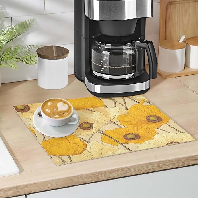 Yellow Poppy Flower Coffee Mat Coffee Bar Maker Station Pot Spill Machine Pad - Image 4