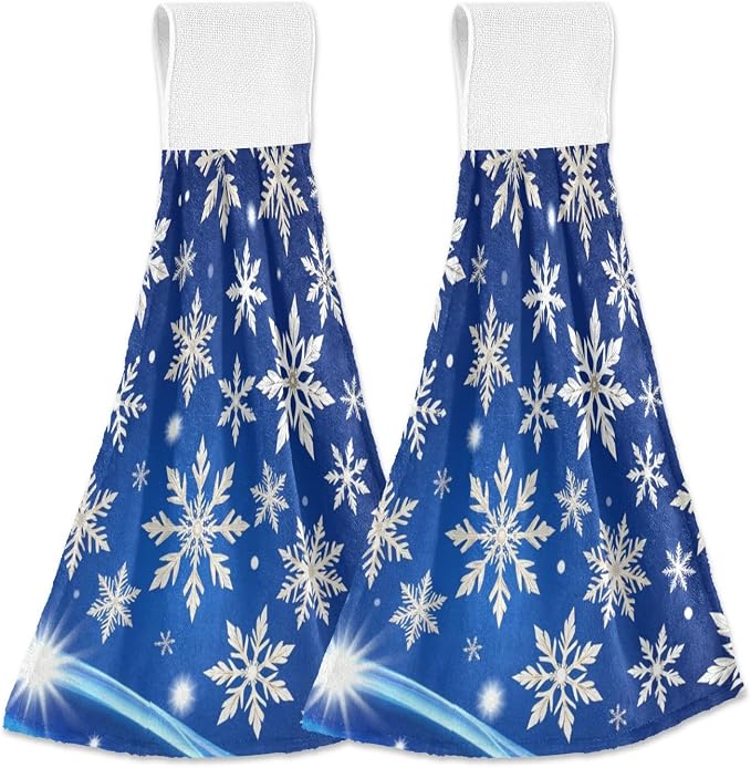 Winter Blue Snowflakes Kitchen Hanging Towel White Snow Hand Fingertip Bath Tie by Dussdil