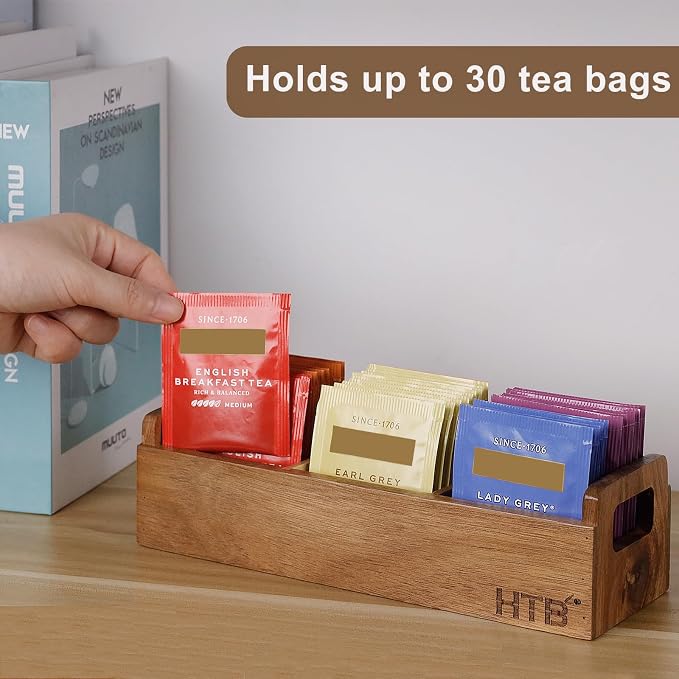 HTB Small Tea Bag Box Wooden, 3 Compartments Acacia Wood Tea Bag Chest - Image 5
