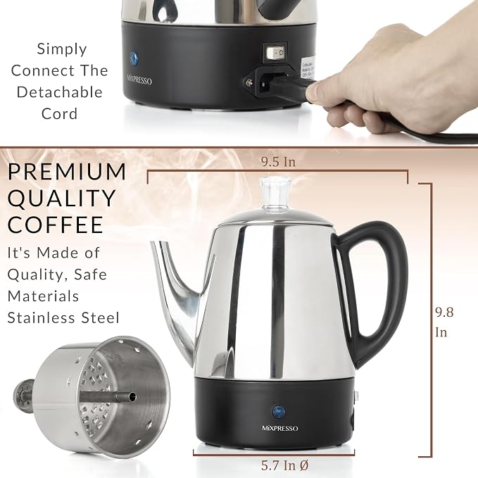 Mixpresso Small Electric Percolator Coffee Pot 4 Cup Stainless Steel - Image 2