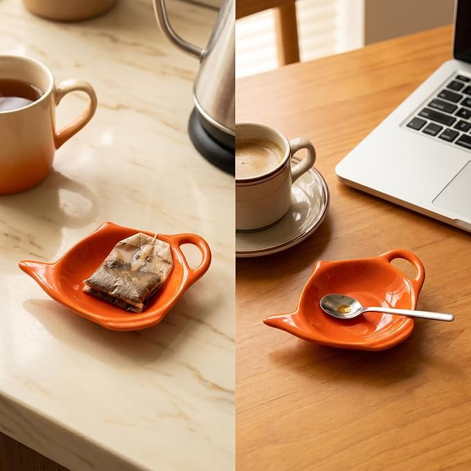 2 Pcs Ceramic Tea Bag Holder Set, Teapot Shaped, Effective Drip Tray - Image 6