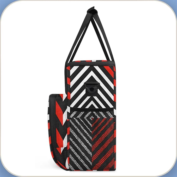 Black White and Red Coffee Maker Travel Bag, Striped Insulated Grocery Bag - Image 4