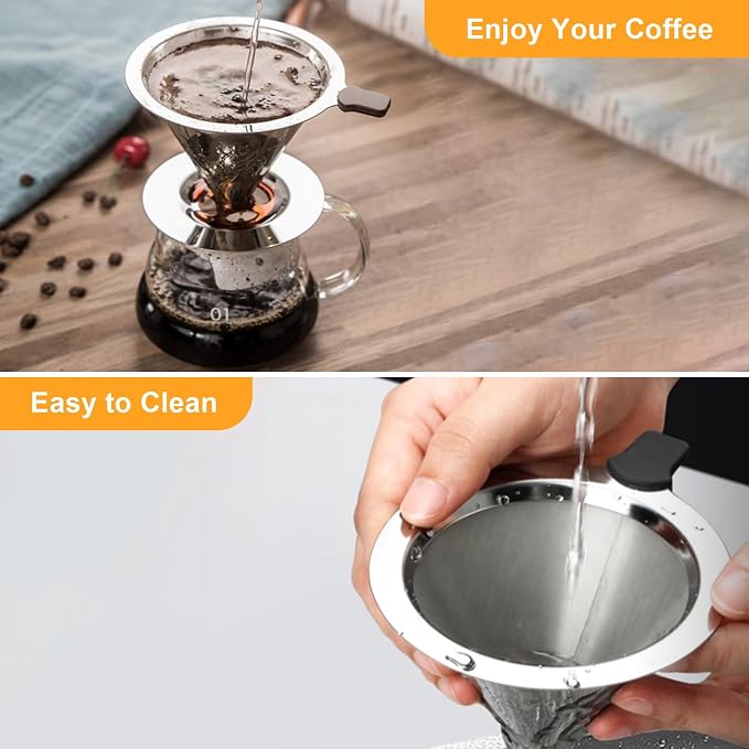NKOVE Pour Over Coffee Dripper Stainless Steel Reusable Filter Paperless Cone - Image 8