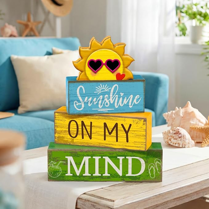 Lineshading 4 Pcs Summer Table Decor Wooden Sunshine Beach Tiered Tray Decor - Image 4