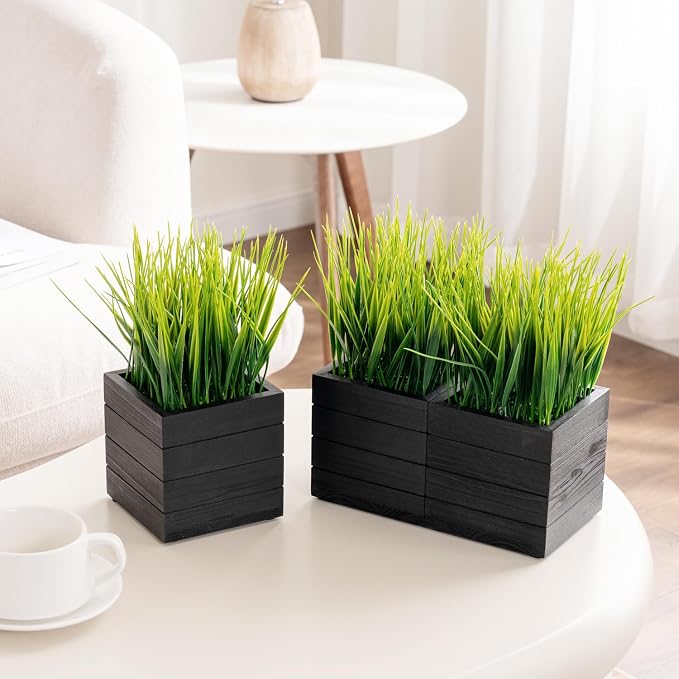 MyGift Artificial Green Grass Plants in Vintage Black Wood 4 Inch Planter Boxes - Image 4