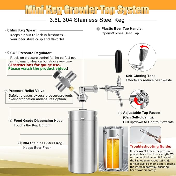 128oz Mini Keg Growler with Adjustable Faucet, Stainless Steel Beer Growler Tap - Image 3