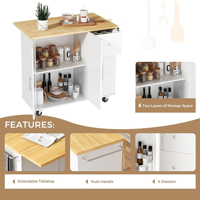 QAQA 40" Kitchen Island Cart Furniture cart on Wheels Rolling Portable Dining - Image 3