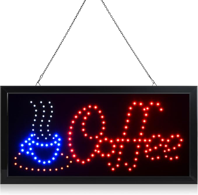 LED Neon Coffee Sign with Cup Icon – Light-Up Café Open Window Display by E-ONSALE