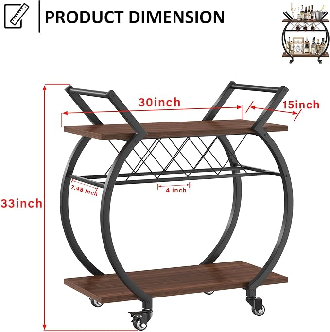 LVB Modern Gold Bar Cart, Industrial Rolling Serving Wine Cart - Image 2