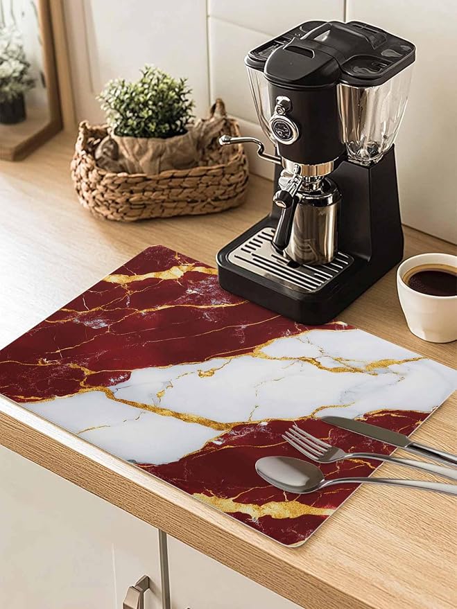 Red Marble Coffee Mat Gold Foil Modern Abstract Minimalist Art Absorbent Bar Mat by Unknown