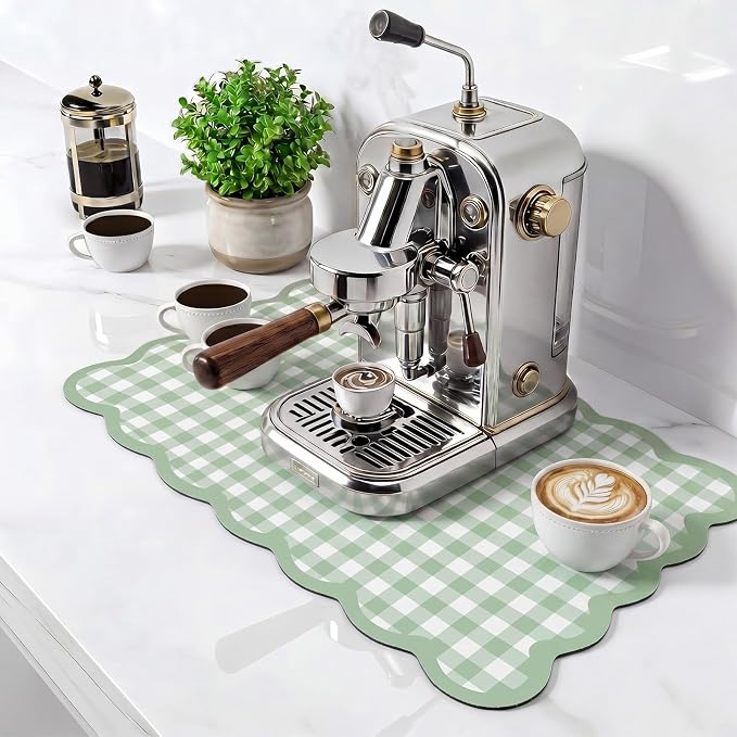 Scalloped Gingham Coffee Mat 12" x 20" Absorbent Coffee Bar Mat Brown Gingham by Ferrochef