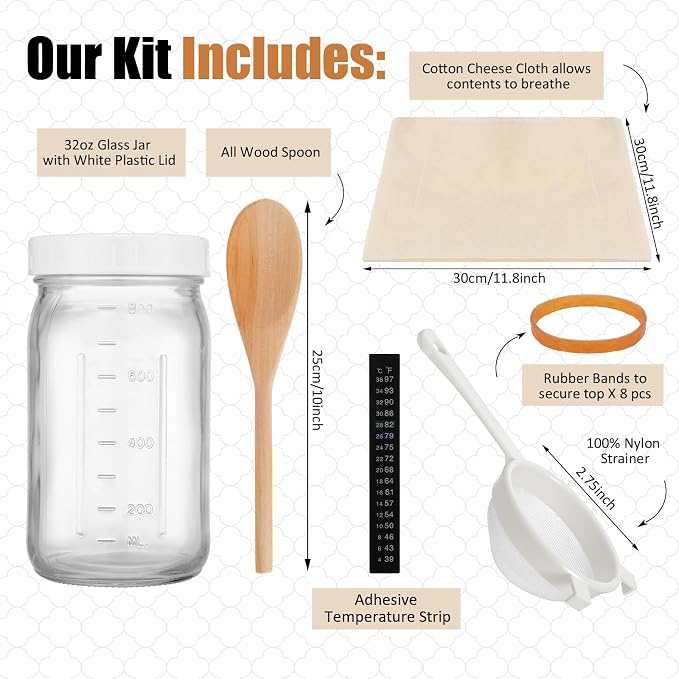Honeydak 8 Pcs Complete Kefir Starter Kit Kombucha Fermenter Kit 32oz Mason Jar - Image 2