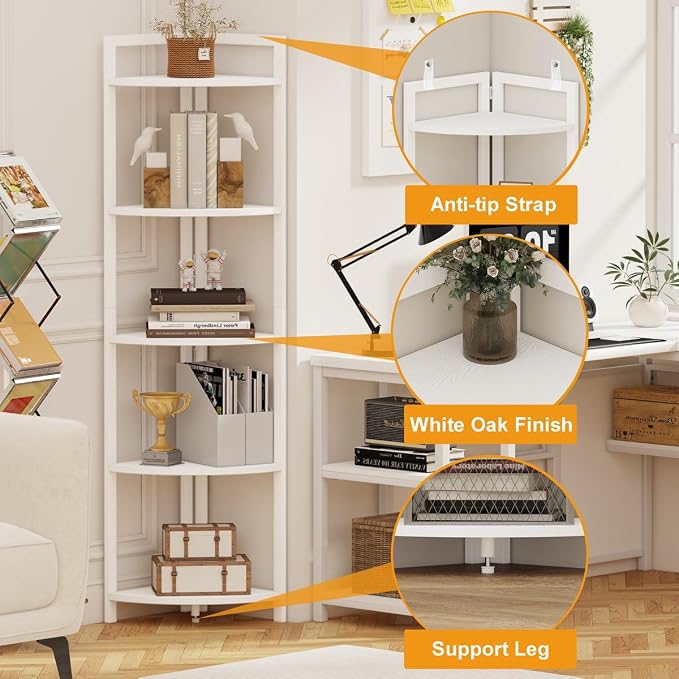 FATORRI Tall Corner Shelf, 5 Tier Modern Corner Bookshelf Stand, Wood and Metal - Image 5