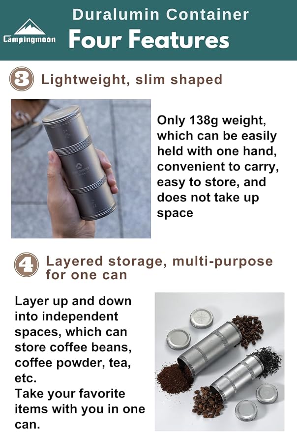 CAMPINGMOON 2-Layer Portable Coffee Bean Storage Canister Airtight Duralumin - Image 4