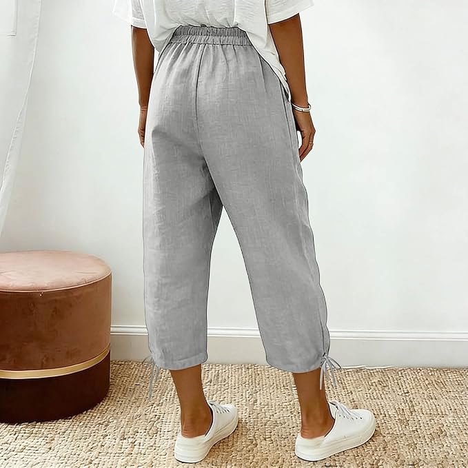 Linen Capri Pants for Women Drawstring Elastic Wide Leg Trouser 2026 Summer - Image 3