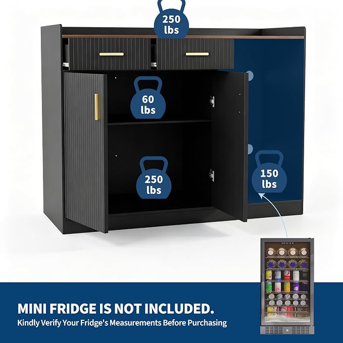 Garvee Coffee Bar Cabinet with Fridge Space, Fluted Wine Cabinet with Charging - Image 3