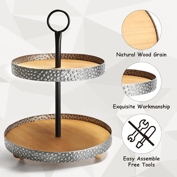 Wooden Two Tiered Tray Stand, Farmhouse Round 2 Tier Decorative Tray - Image 3