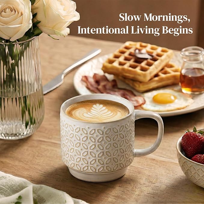 DOWAN 12oz Coffee Mugs Set of 4, Ceramic Coffee Mugs, Stackable Cappuccino Cups - Image 7