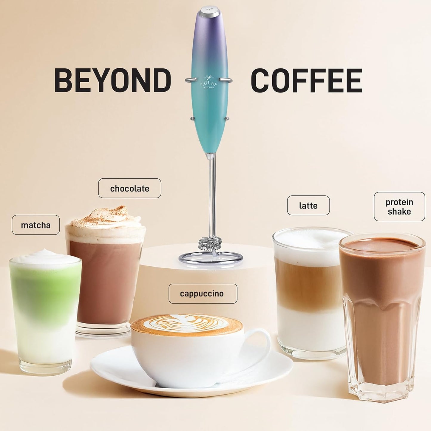 Zulay Kitchen Whisk Milk Frother with 4 Duracell Batteries - Powerful Handheld Foam Maker for Coffee, Lattes, Matcha, Hot Chocolate & Cappuccinos - Whip Creamy Froth in Seconds