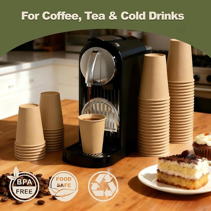 12 oz 100 Pack Disposable Coffee Cups, Bulk Brown Disposable Paper Cups - Image 2