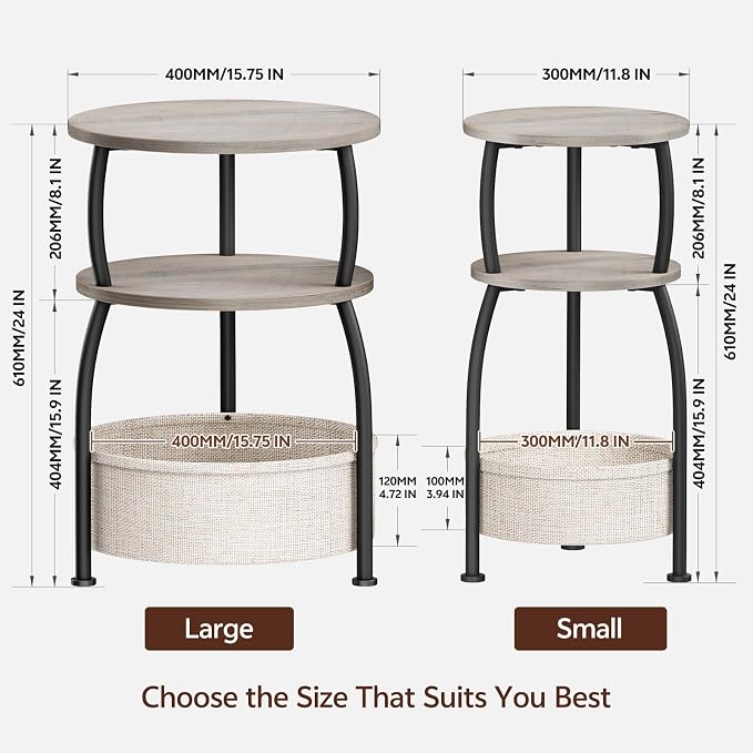 Round Side Table with Storage Basket, End Table Living Room, Greige | Round End - Image 3