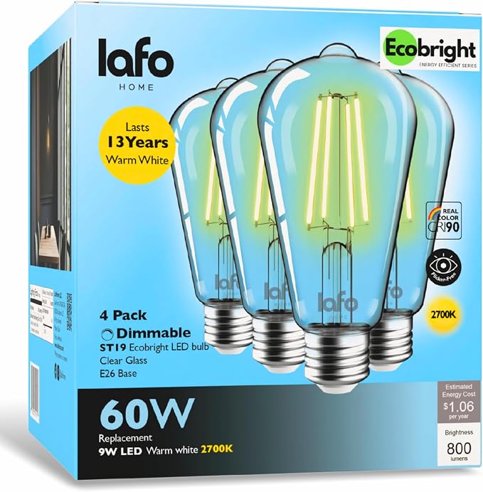 EcoBright ST19 LED Edison Bulbs, 60W Equivalent, 9W Dimmable, E26 Base by LafoHome%C2%AEHomeLighting
