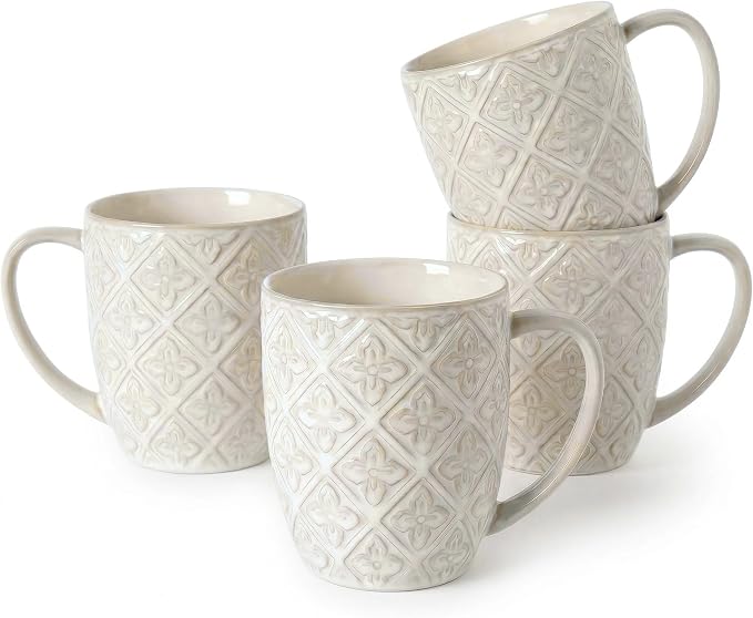 Coffee Mugs 16 Oz, Ceramic Coffee Mugs Set of 4, Large Embossment Cups by FEENMAICeramicHome