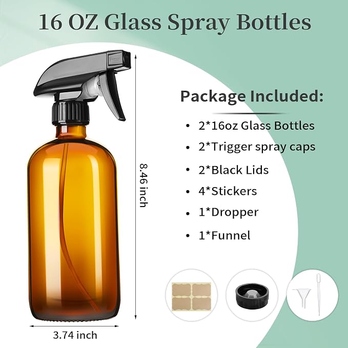 GIVAMEIHF 16oz Amber Glass Spray Bottles, 2 Pack Glass Spray Bottles Refillable - Image 2