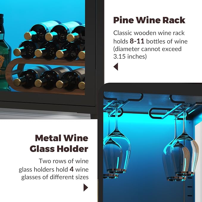 Wine Bar Cabinet with LED Lights, Metal Wood Home Coffee Bar Cabinet with Glass - Image 4
