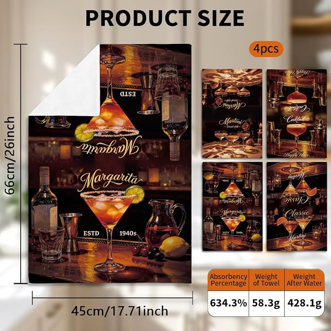 MAYJOYDIY 4 Pcs Cocktail Glass Kitchen Towels 26x17.7Inch Bar Martini Hand Dish - Image 3