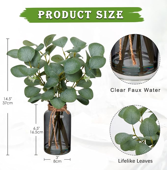 Briful Artificial Eucalyptus Stems in Black Glass Vase - Image 2