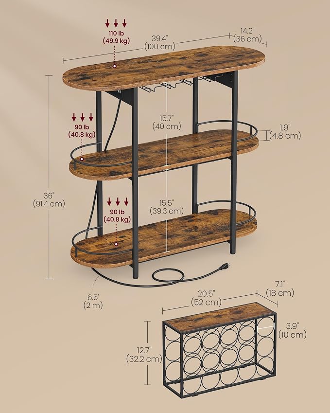 VASAGLE Bar Cabinet with LED Lights and Power Outlets, Freestanding Coffee Bar - Image 3