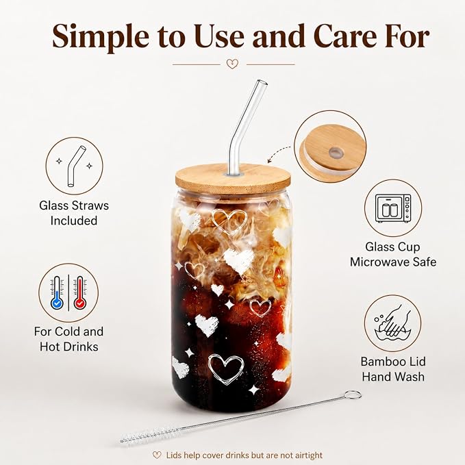 Glass Cups with Lids and Straws with Heart Design, 4 Pack 16 oz Cute Glass Iced - Image 7