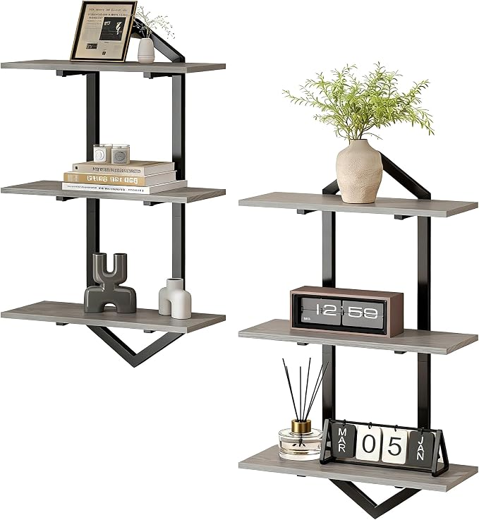 3 Tier Floating Shelves, Modern Geometric Wooden Shelf by Unknown