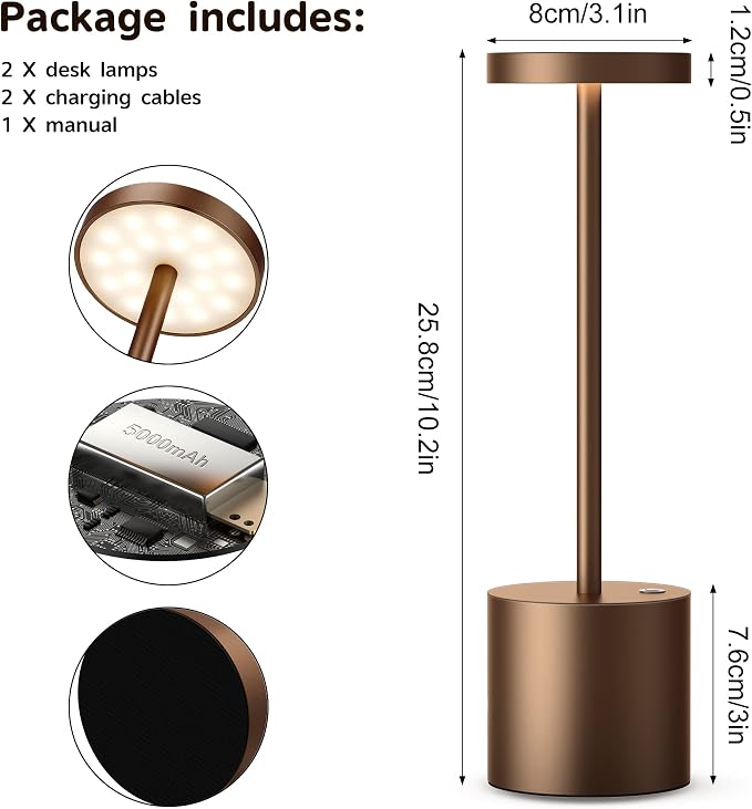 2Pack Cordless Table Lamp, Rechargeable LED Battery 5000mAh Metal USB Portable - Image 7