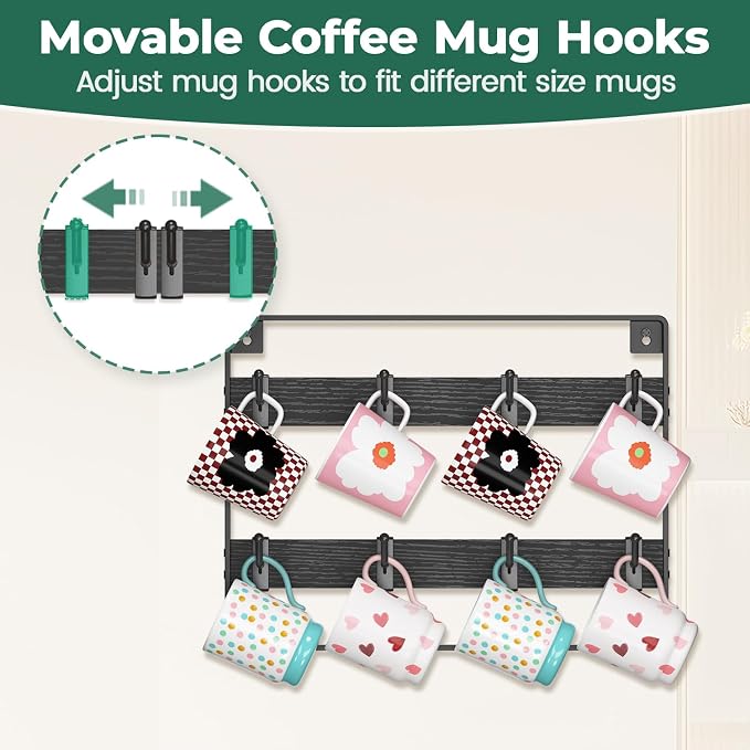 EsLuker.ly Mug Holder Hanger Rack Wall Mounted Wooden 2 Pack Coffee Cup Storage - Image 3