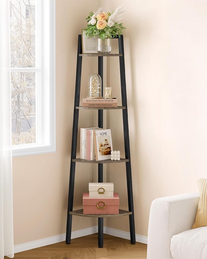 Hoctieon Corner Shelf, 4-Tier Corner Bookshelf, Rustic Ladder Shelf, Industrial by Hoctieon