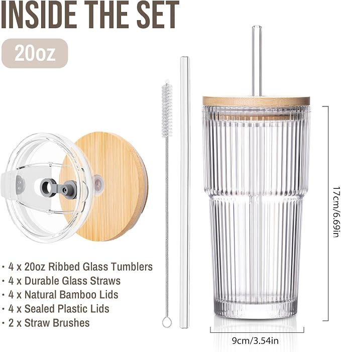 SoulTimes 20oz Glass Cups with Lids and Straws, Ribbed Glass Tumbler - Image 3
