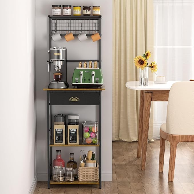 5 Tier Coffee Bar Station with Drawer, Kitchen Stand with 4 S-Shaped Hooks by DAOUTIME