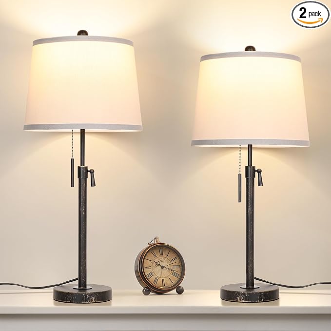 Adjustable Height Table Lamps Set of 2 22-30in Retro Black Brush Gold Modern by JUNNAI