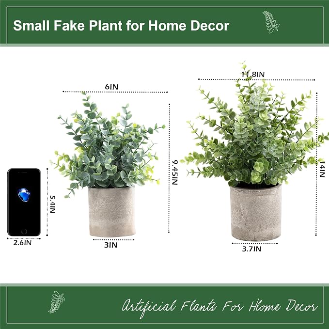 Coferset 2 Pack Small Fake Plants 14" Eucalyptus Potted Artificial Plants - Image 6