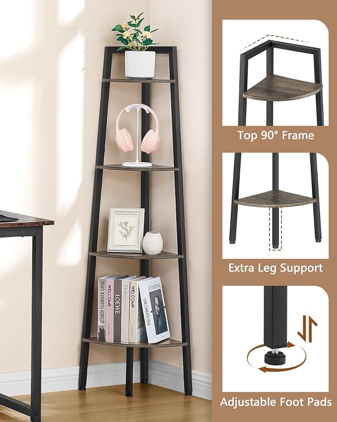 Hoctieon Corner Shelf, 4-Tier Corner Bookshelf, Rustic Ladder Shelf, Industrial - Image 3